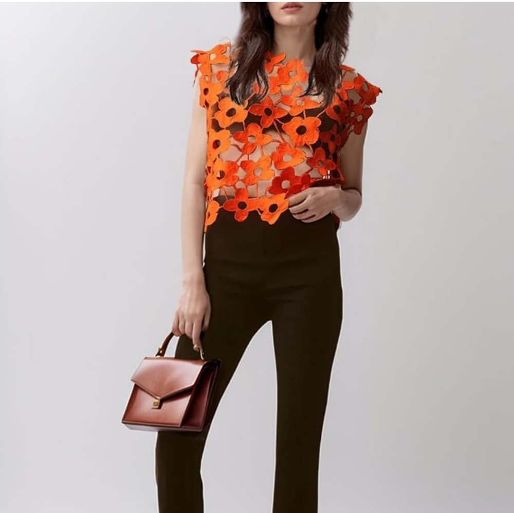 Orange Floral Sheer Top